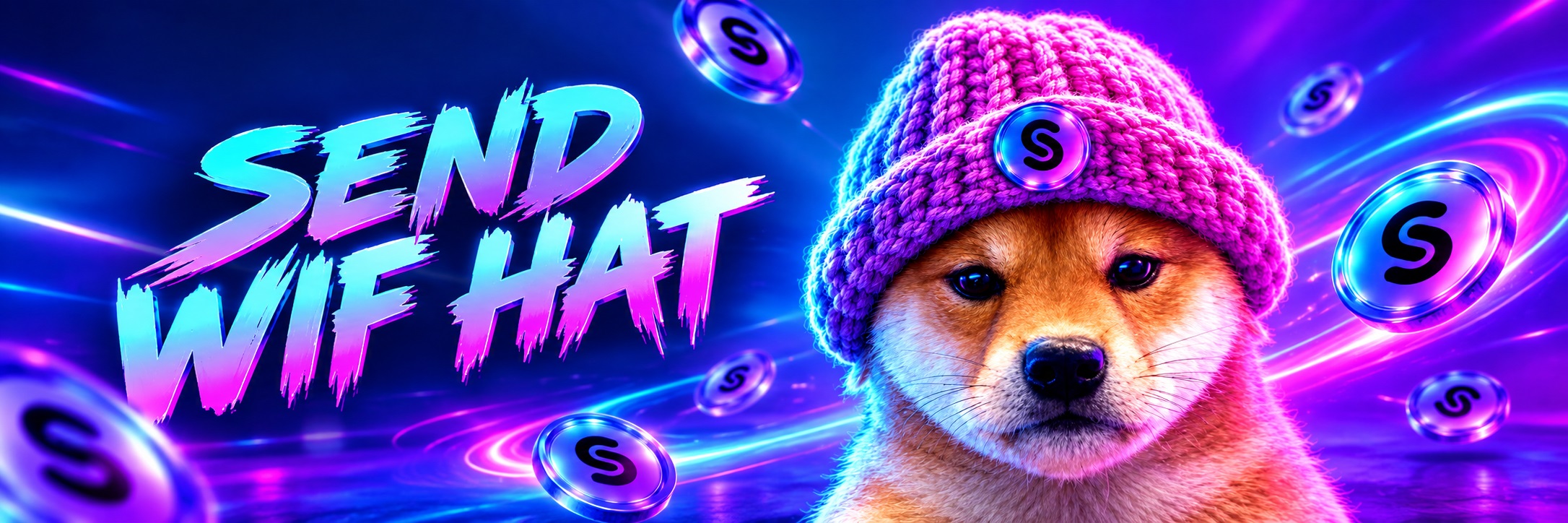 Banner art: SEND WIF HAT beside the Shiba in a pink hat, surrounded by glowing S coins