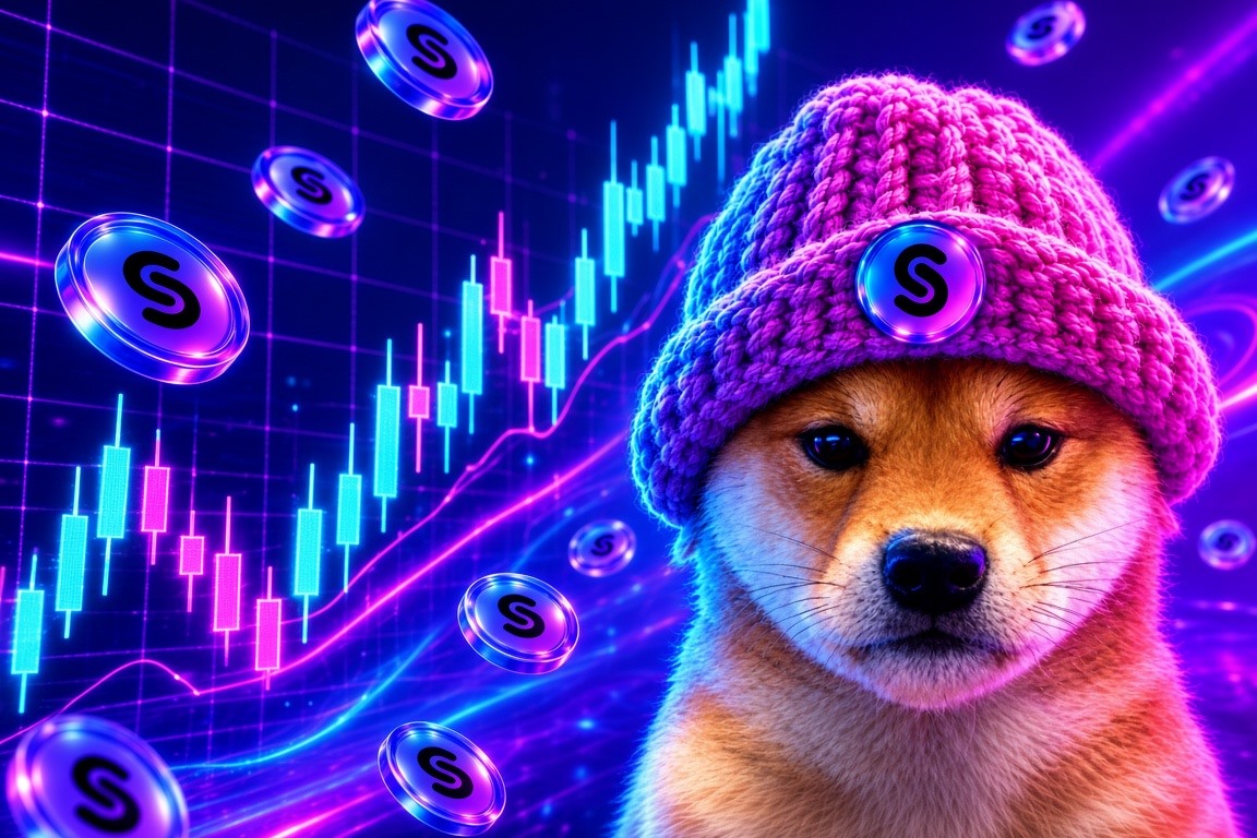 Shiba in a pink hat beside a rising neon candlestick chart and S coins