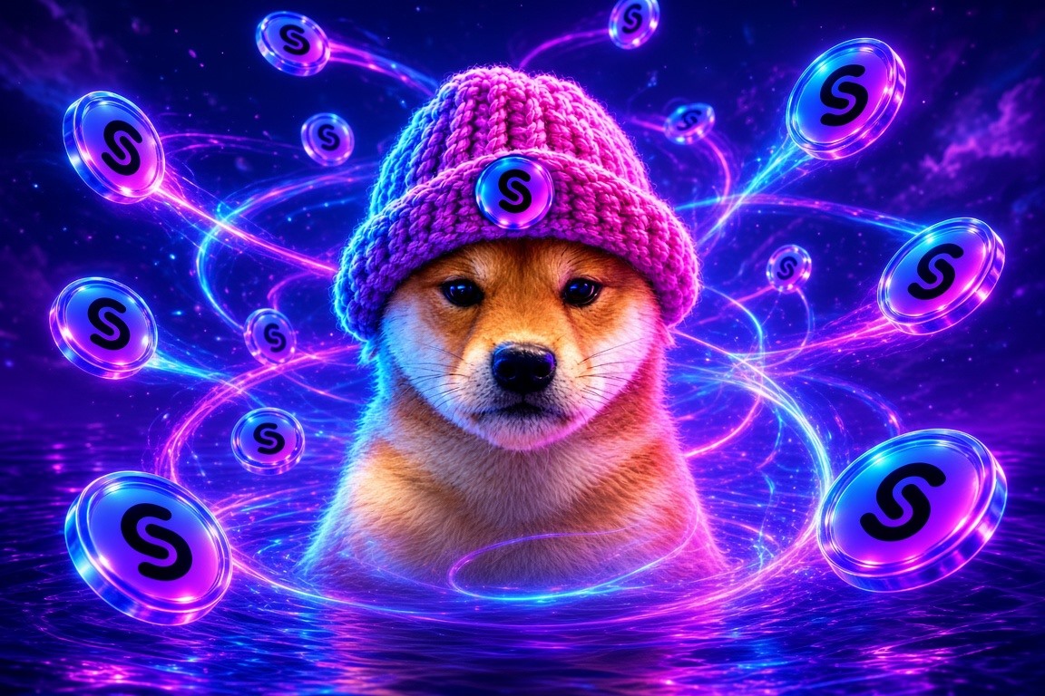 Shiba in a pink hat at the center of orbiting Crypto Sender coins