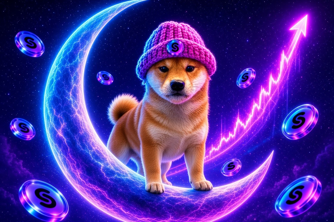 Shiba in a pink hat standing on a neon crescent with a rising chart