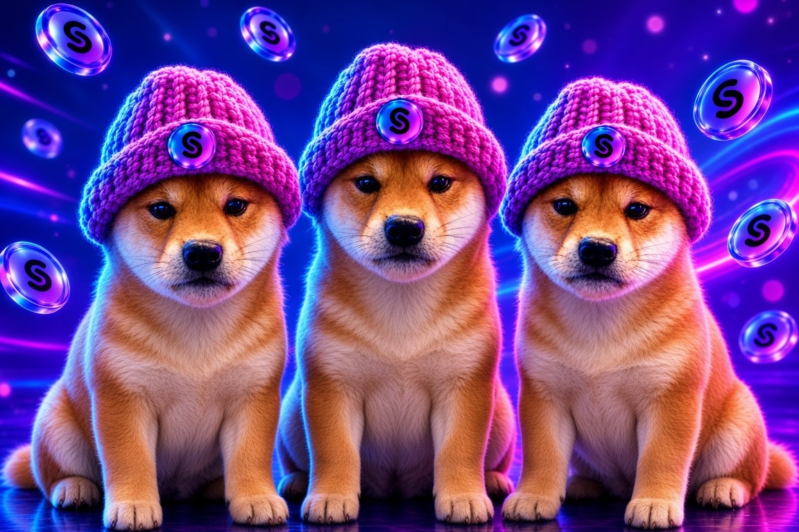 Three Shibas in matching pink Sender hats with floating S coins