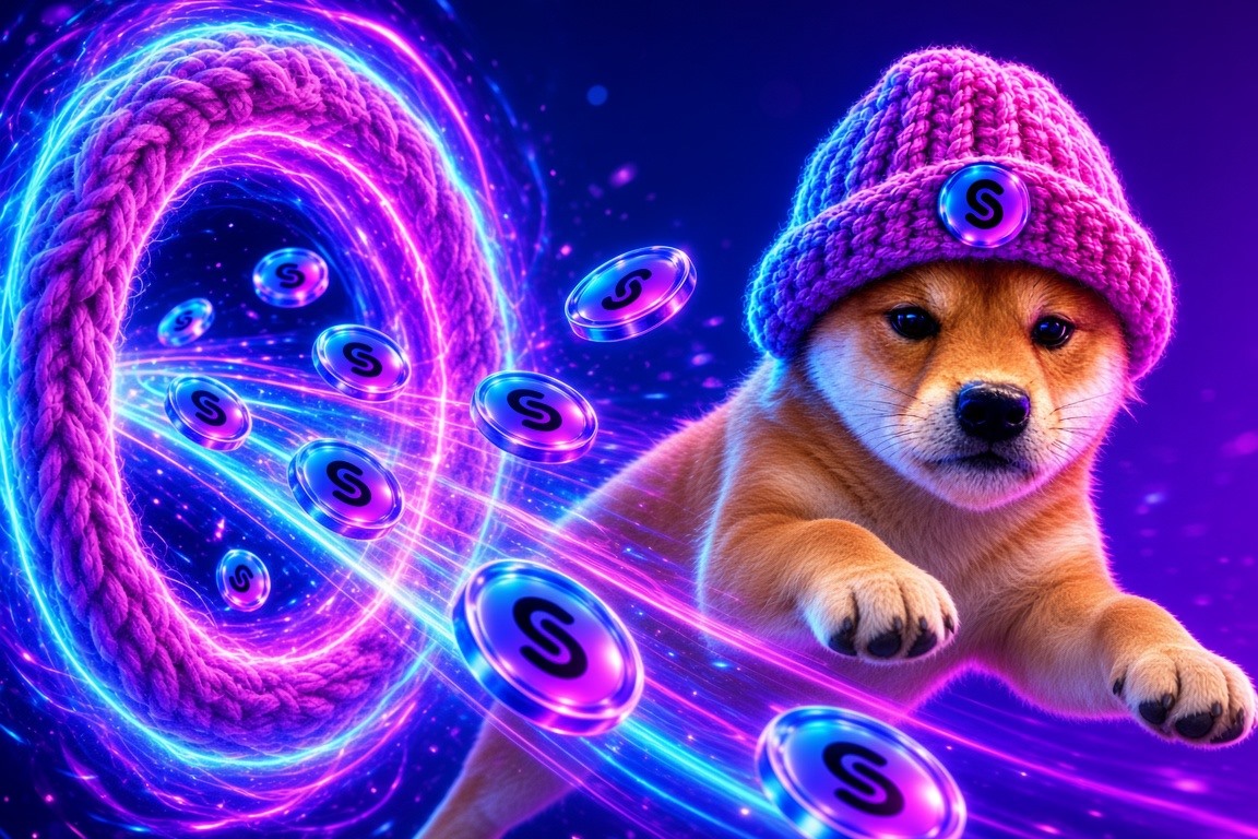 Shiba leaping as S coins stream through a knitted neon portal