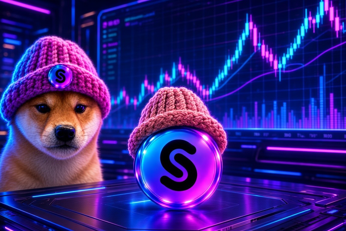 Trading terminal with a neon chart, the hatted Shiba, and an S coin in a pink hat